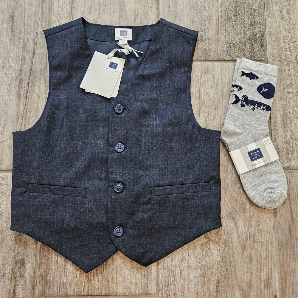 Janie and Jack Boys Dress Vest & Socks Size 5 Formal Occasion Wedding Outfit NEW